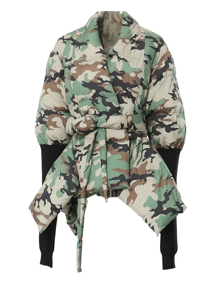 Camouflage Knitting Irregular Cotton-padded Coat Long Sleeve Loose Fit Women Parkas Fashion New Autumn Winter 2025 7AB2058
