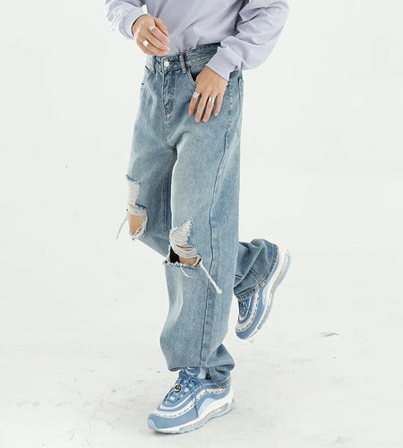 Loose Fitting Men's Jeans Hole Worn-out Design Bagger Male Straight Wide Leg Denim Pants New Fashion Tide Summer 9W1992