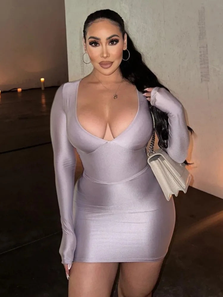 Sexy Deep V Long Sleeved Tight Elastic Short Skirt For Women's New Pullover Slim  Wrap Hip High Waist Dress Party Street