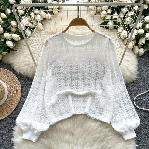 Load image into Gallery viewer, Korean Women's Flower Patchwork Round Neck Hollow Out Crochet Short Sweater Autumn New Long Sleeve Pullover Top Popular Clothing
