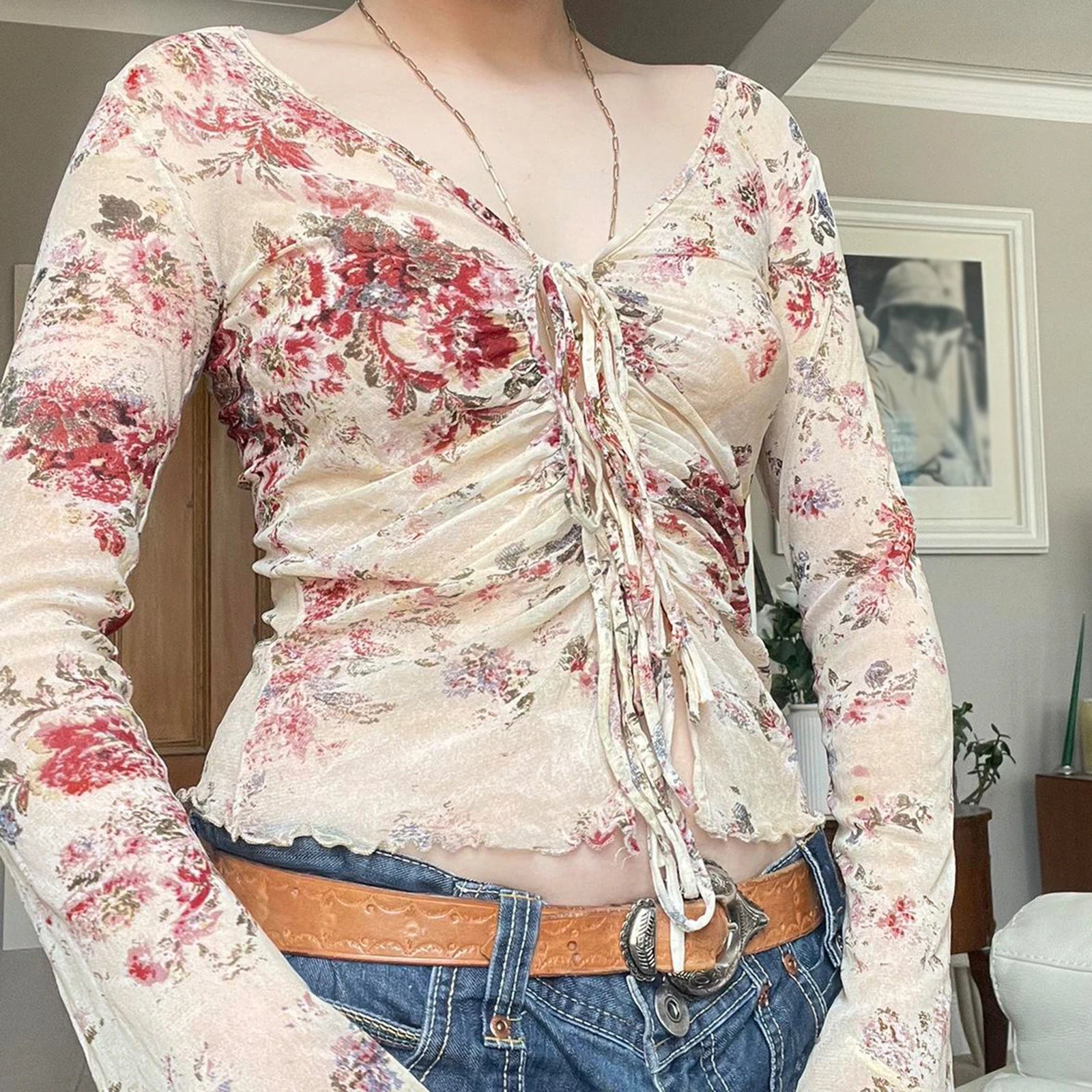 Fairy Grunge Top y2k Women Retro Floral Print Tie-up Front V Neck Long Sleeve Ruffle T Shirt 2000s Clothing Streetwear