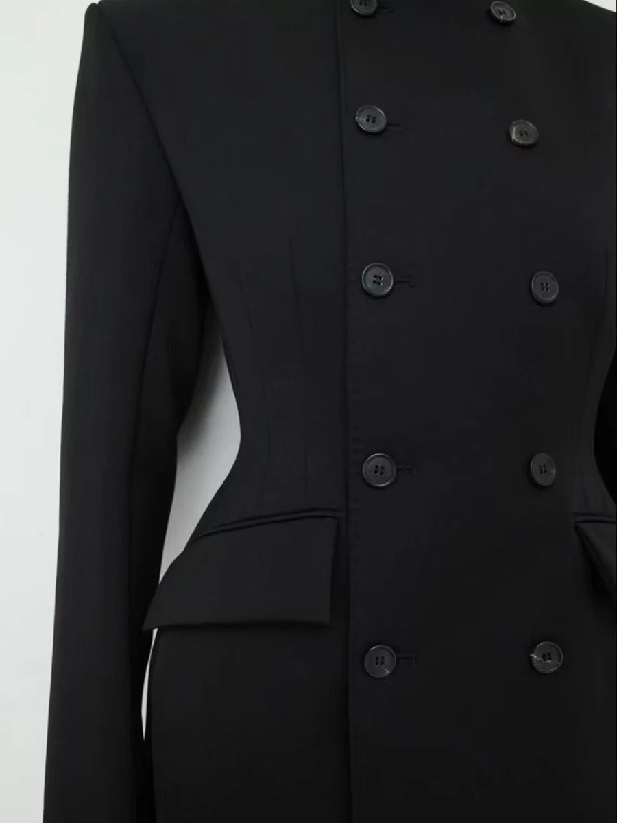 Slimming Spliced Double Breasted Temperament Blazers for Women Round Neck Long Sleeves Tunic Blazer Female Clothing