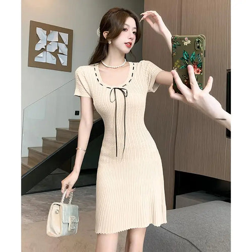 Load image into Gallery viewer, Korean Women's Black Beige Round Neck Knitted Office Lady Short Sleeve Mini Dress Summer Green Lace-up Short Dresses Simplicity
