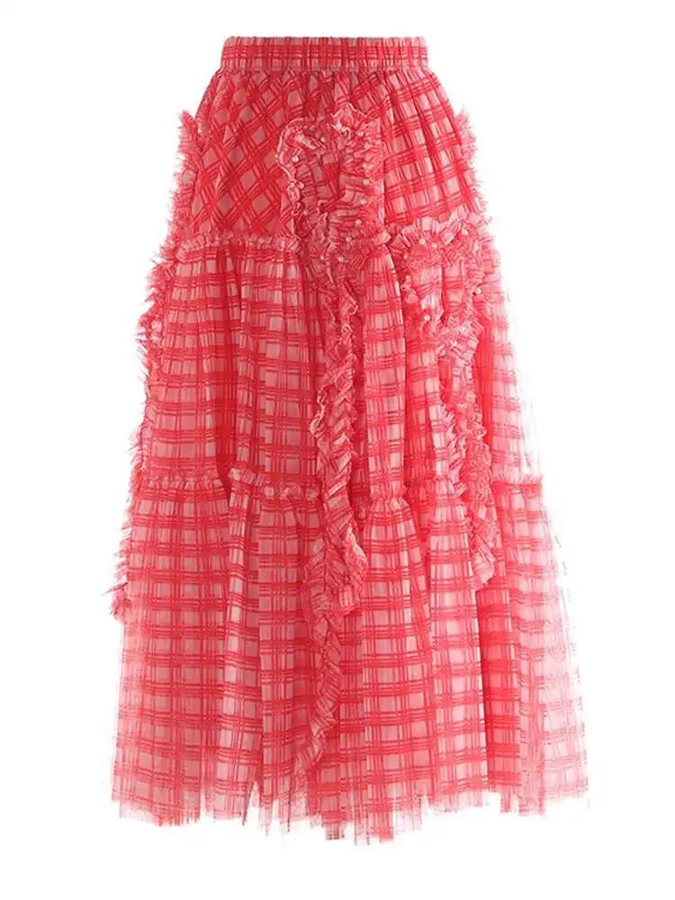 High Elastic Waist Brown Plaid Ruffles Tassels A-line Half-body Skirt Women Fashion Tide New Spring Autumn 2025 1DH9355