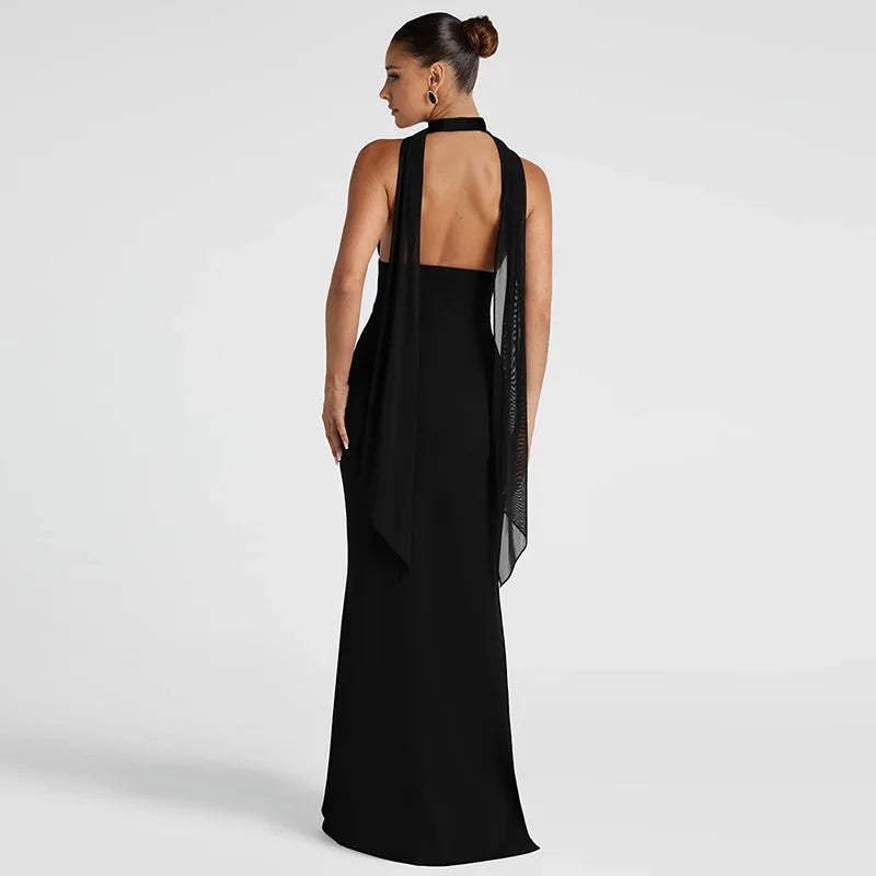 Scarf Collar Backless Sexy Maxi Dress Women Gown Fashion Halter Deep V Neck Thigh High Split Bodycon Long Dress