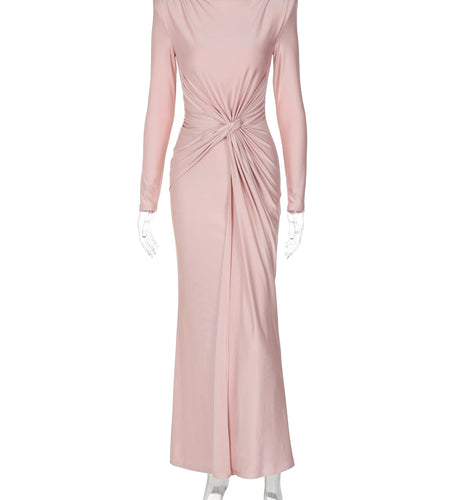 Spring Eleagnt Solid Long Sleeve Shoulder Pads Ruched Sexy Maxi Dress Women New Clothes Evening Party Festival