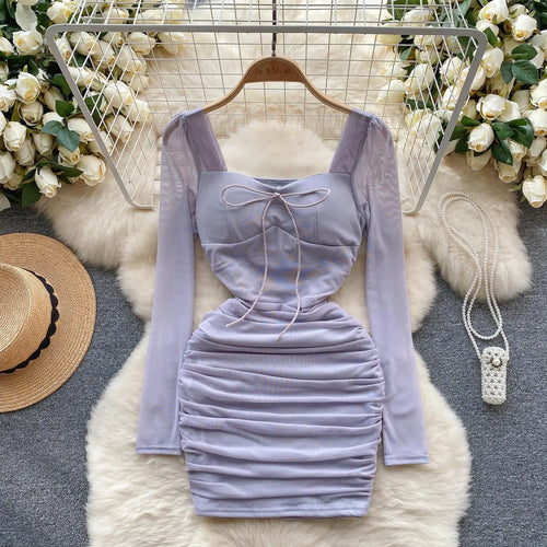 Load image into Gallery viewer, Autumn Women Fashion Black Pink Elegant Sexy Temperament Mesh Short Dress French Purple Square Collar Lace-up Pleated Mini Dress
