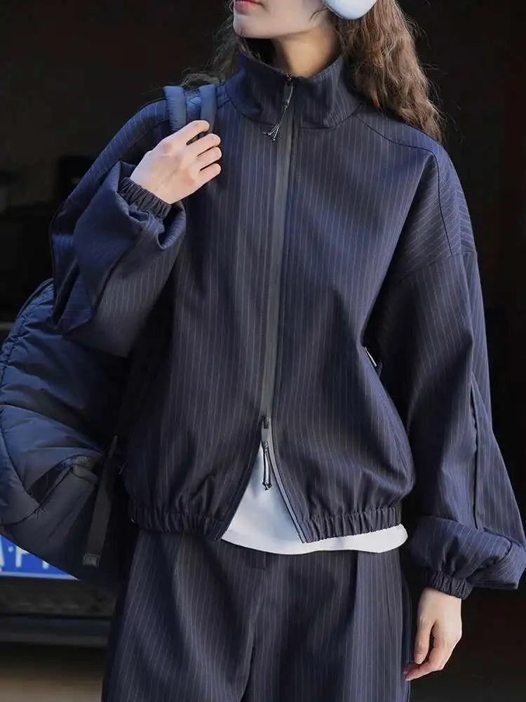 Navy Blue Striped Drawstring Big Size Jacket New Stand Collar Long Sleeve Women Coat Fashion Spring Autumn 2025 1DH7261