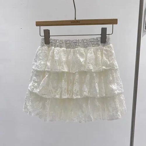 Load image into Gallery viewer, Vintage Sweet Beige Kawaii Fluffy Short Skirt Women Black Elegant High Waist A-line Lace Cake Mini Skirts Summer Trend Romantic
