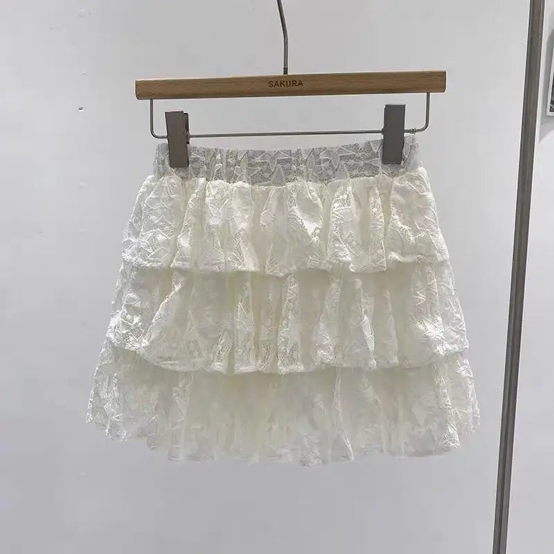 Vintage Sweet Beige Kawaii Fluffy Short Skirt Women Black Elegant High Waist A-line Lace Cake Mini Skirts Summer Trend Romantic