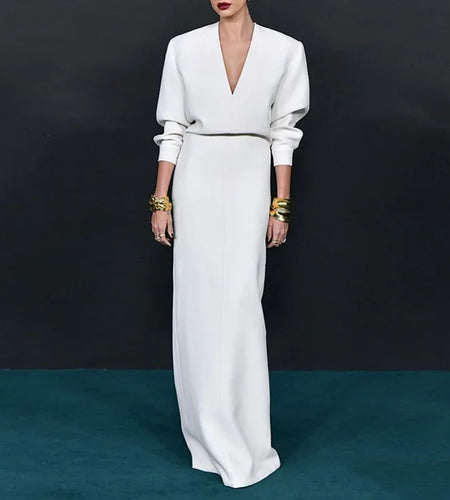 Spring Autumn Deep V White Long Dress Women 2025 Long Sleeve Casual Simple Party Evening Maxi Dresses Woman Clothing