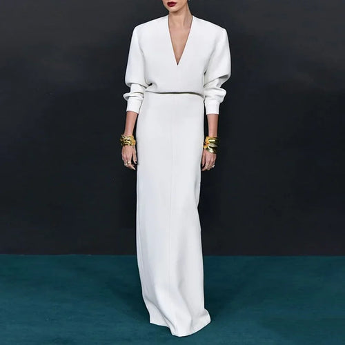 Load image into Gallery viewer, Spring Autumn Deep V White Long Dress Women 2025 Long Sleeve Casual Simple Party Evening Maxi Dresses Woman Clothing
