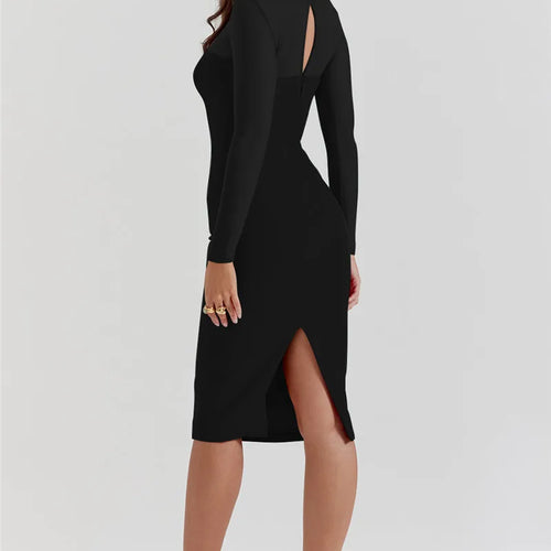 Load image into Gallery viewer, Elegant Strapless Sexy Midi Dress For Women Fashion Sheer Long Sleeve Backless Split Bodycon Club Party Sexy Long Dress
