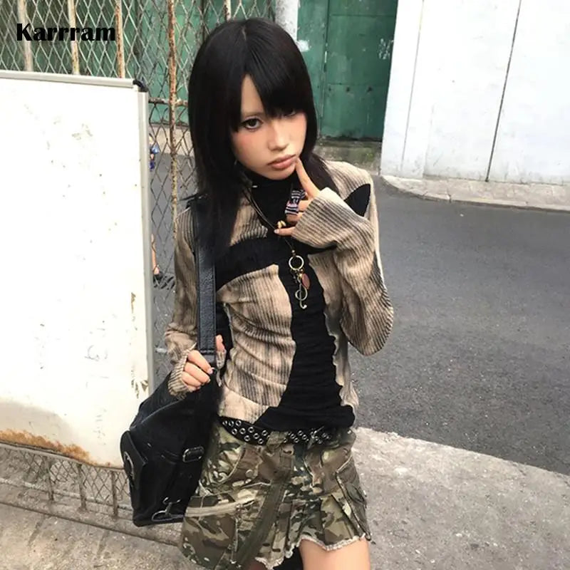 Japanese Y2k Ribbed Tops Vintage Harajuku Cross Print T-shirt Grunge Aesthetics Long Sleeve Patchwork Tops Trashy 2000s