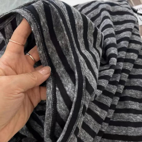 Load image into Gallery viewer, Korean Fashion 2024 Autumn Winter New Gray Striped Round Neck Short T Shirt Women Long Sleeve Holiday Pullover Tops Casual Trend
