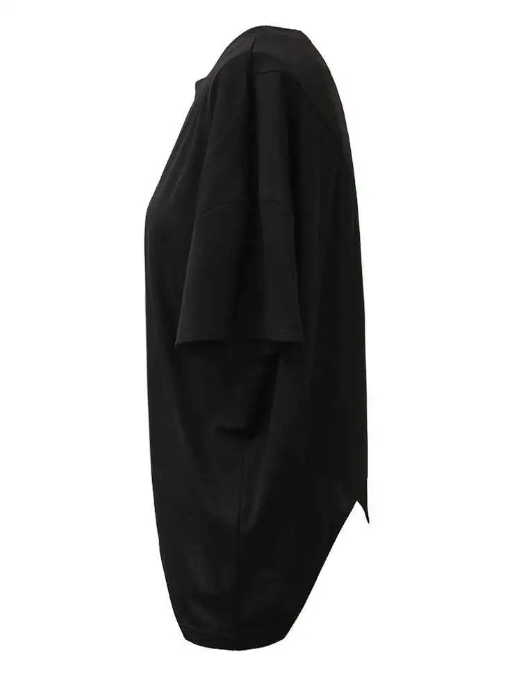 Women Black Irregular Topstitched Big Size Casual T-shirt New Round Neck Short Sleeve Fashion Spring Summer 2025 CPG1353