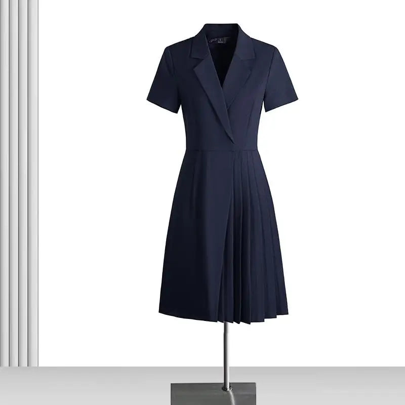 Korean Solid Office Professional Workwear Blazer Dress For Women 2024 Summer Short Sleeve High Waist Vacation Pleated Midi Dress