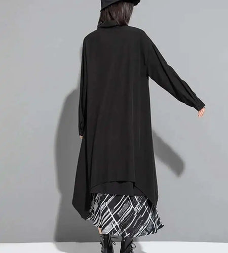 Women Black Irregular Back Long Big Size Blouse New Lapel Long Sleeve Loose Fit Shirt Fashion Spring Autumn 2025 1DF6517