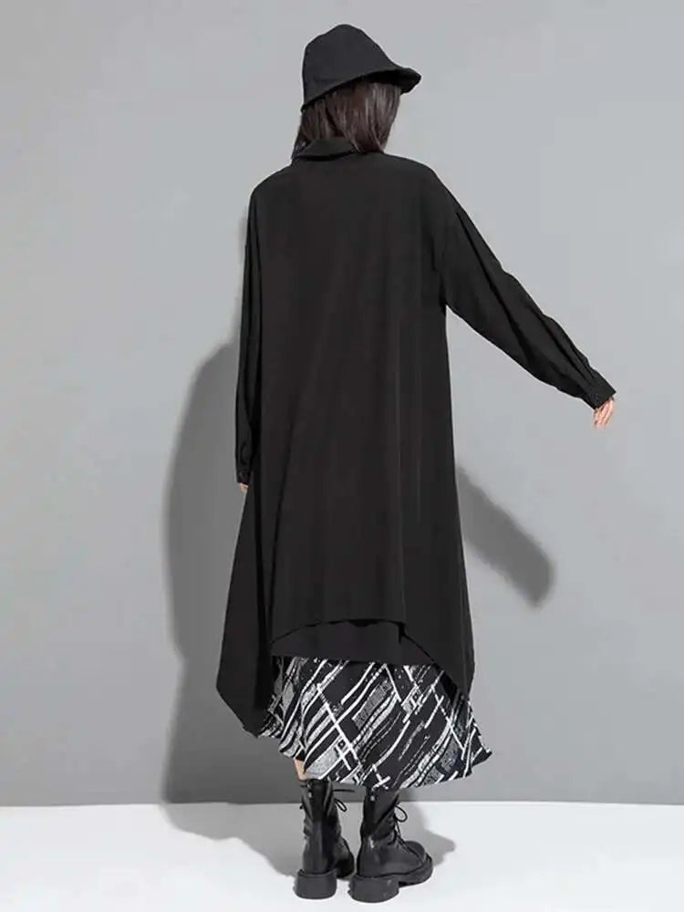 Women Black Irregular Back Long Big Size Blouse New Lapel Long Sleeve Loose Fit Shirt Fashion Spring Autumn 2025 1DF6517