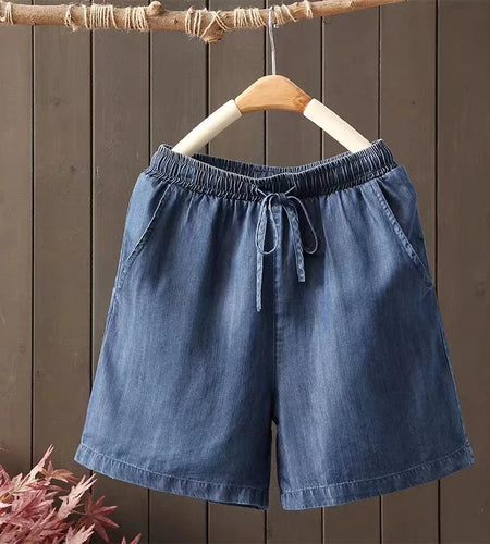 Blue Denim Shorts Women's Summer Elastic High Waist Drawstring Lace-up Fashion Plus Size Casual Jean Pleated Short Pants Fashion
