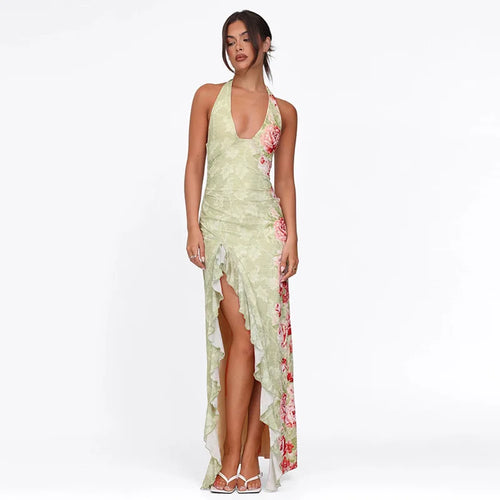 Load image into Gallery viewer, Halter Backless Print Sexy Maxi Dress Women Deep V Neck Sleeveless Thigh High Split Ruffled Sexy Club Beach Long Dress
