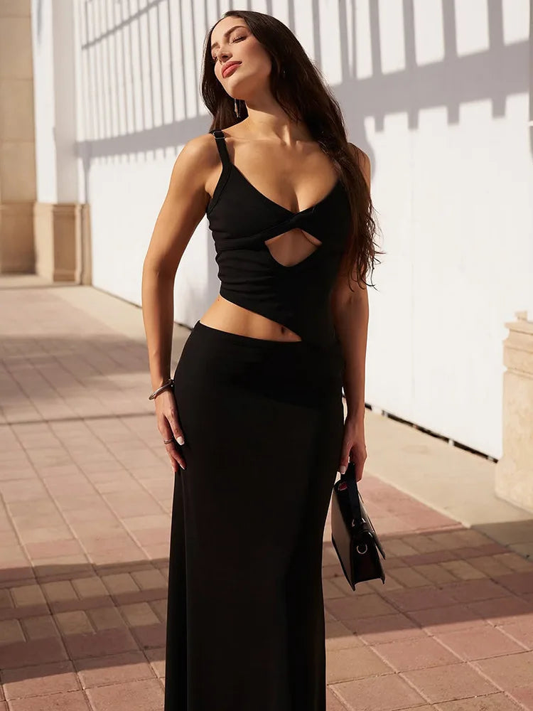 Hollow Out Backless Sexy Maxi Dress Women Gown Spaghetti Strap Sleeveless Irregular Slim Club Long Dress 2025 Summer