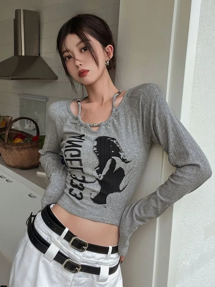 Harajuku Grunge Skinny Black Tshirts Women American Retro Letter Print Tees Female Streetwear Vintage Cropped Tops