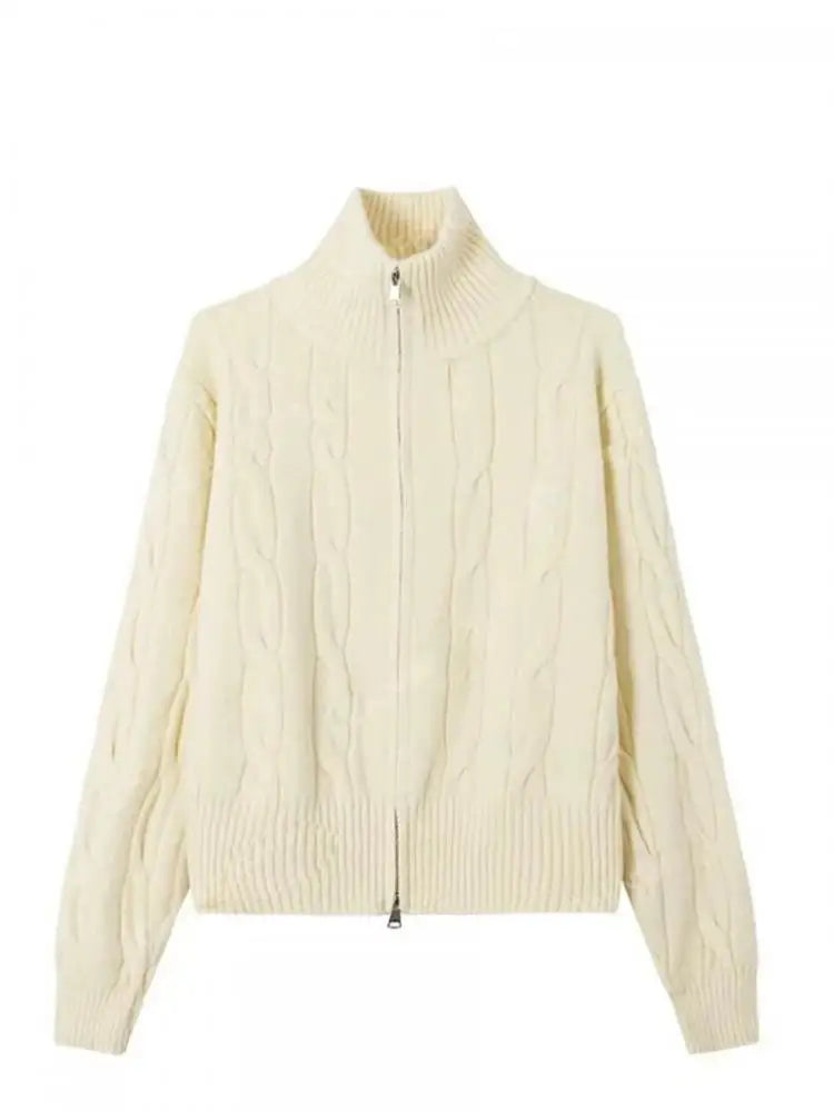 Vintage Elegant Women's Solid Knitted Cardigan Twists Sweater Autumn And Winter Long Sleeved Double Zipper Short Crochet Tops