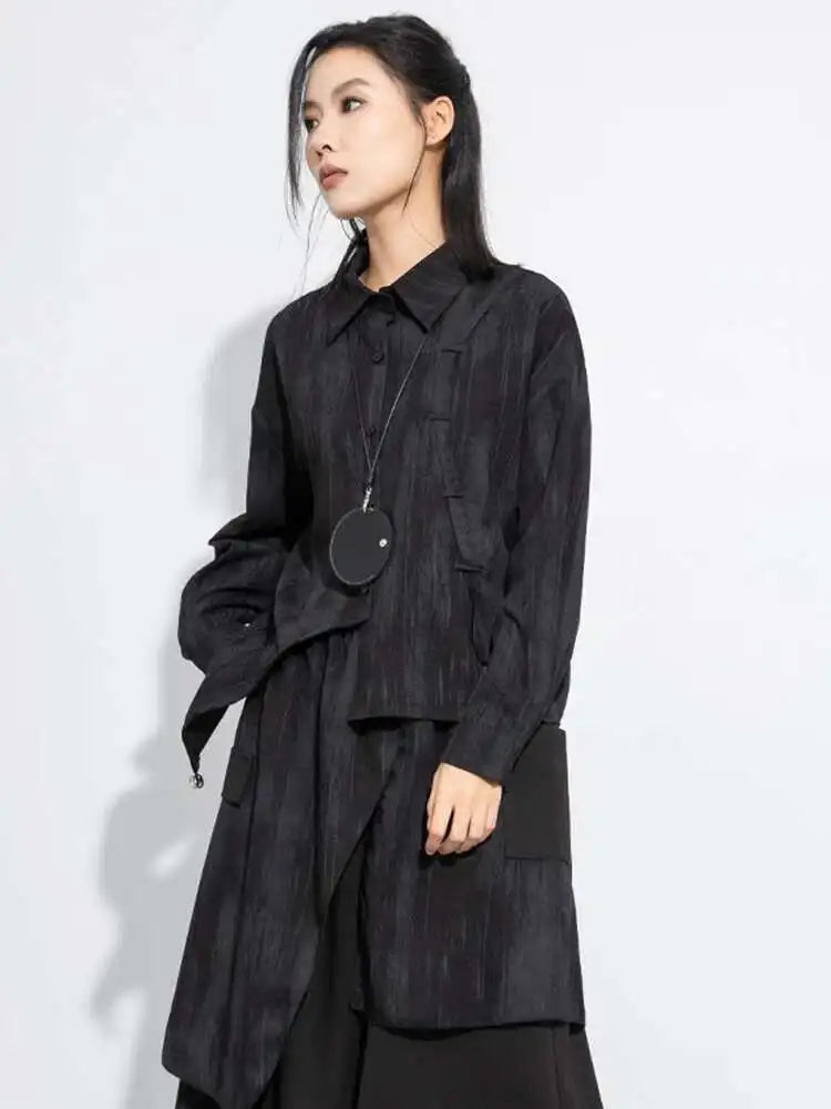 Women Black Irregular Tie Dye Big Size Elegant Blouse New Lapel Long Sleeve Shirt Fashion Tide Spring Autumn 2025 1DH7715