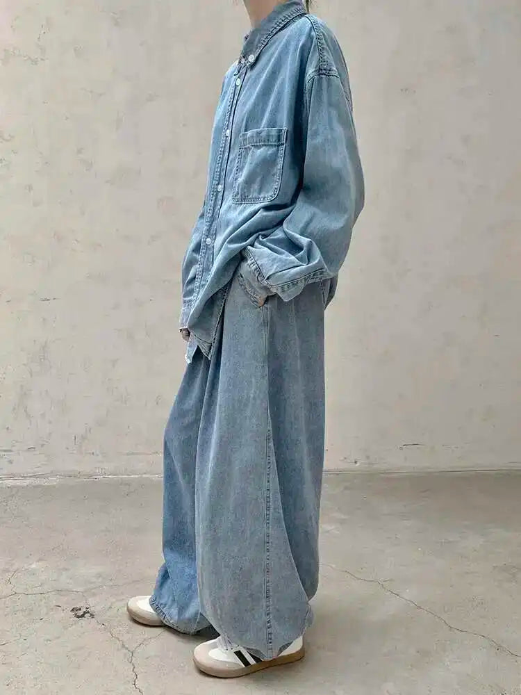 High Waist Light Blue Pocket Brief Long Denim Wide Leg Jeans New Women Trousers Fashion Tide Spring Autumn 2025 1DH8364