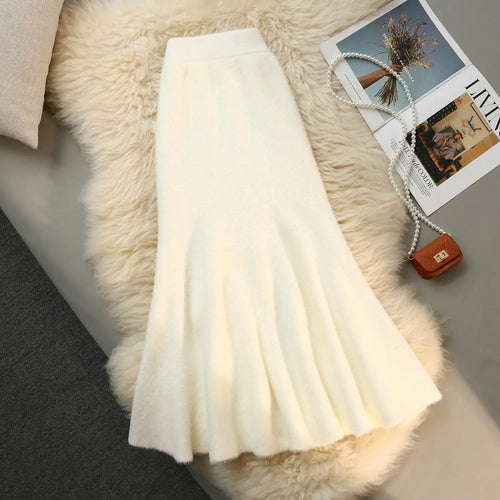 Load image into Gallery viewer, French Fashion Vintage Women Solid Ruffle Edge Knitted Fishtail Long Skirt 2024 Autumn Winter Elegant High Waist Pleated Skirts
