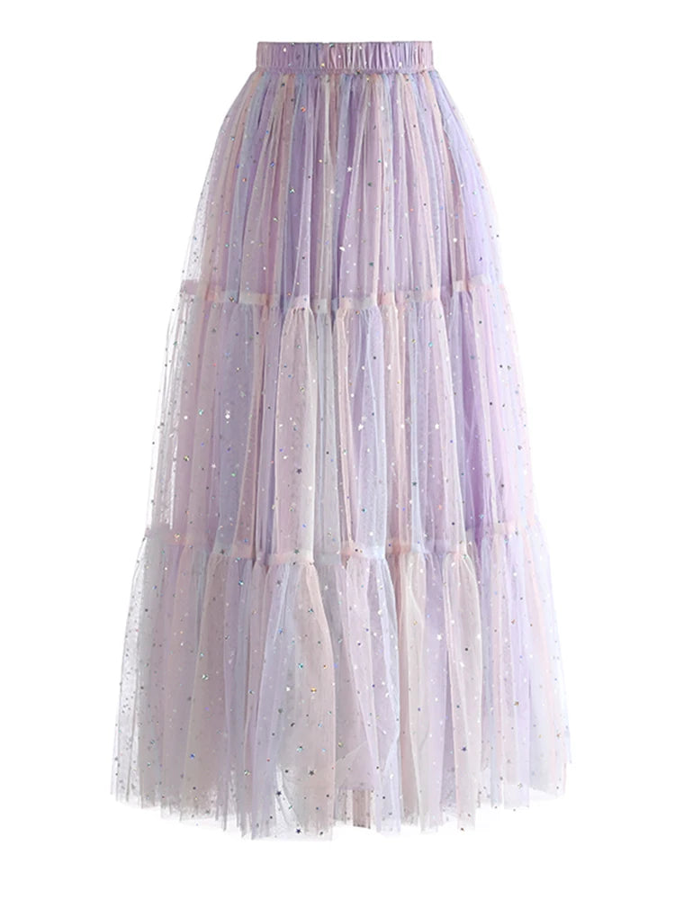 High Elastic Waist Red Gradual Color Sequins Ball Gown Half-body Skirt Women Fashion Tide New Spring Autumn 2025 1DJ1273