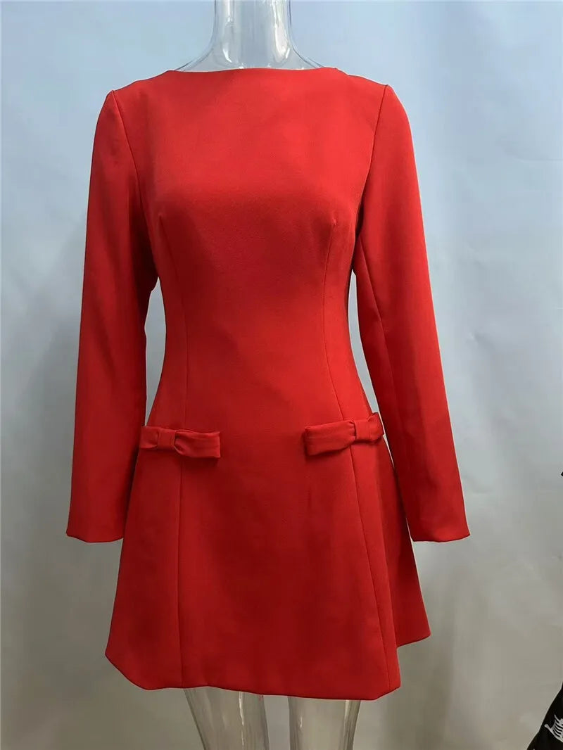 Double Bow Long Sleeve Sexy Mini Dress For Women Autumn Winter New Solid High Waist Bodycon Club Party Dress Elegant