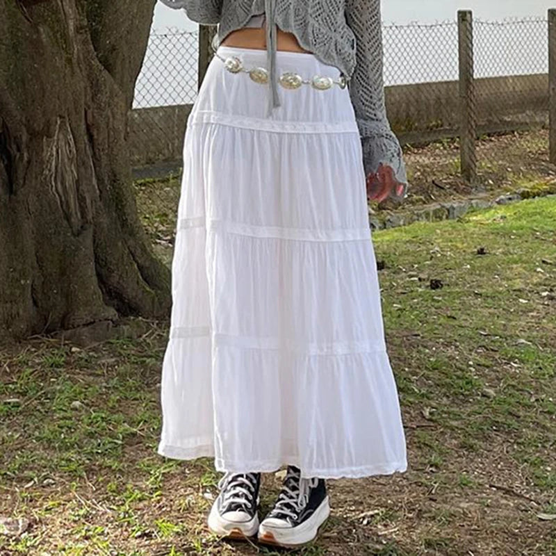 Boho Vacation White Maxi Skirt Lace Trim Stitched Fashion Chic A-Line Loose Y2K Aesthetic Women Skirts Long Clothing
