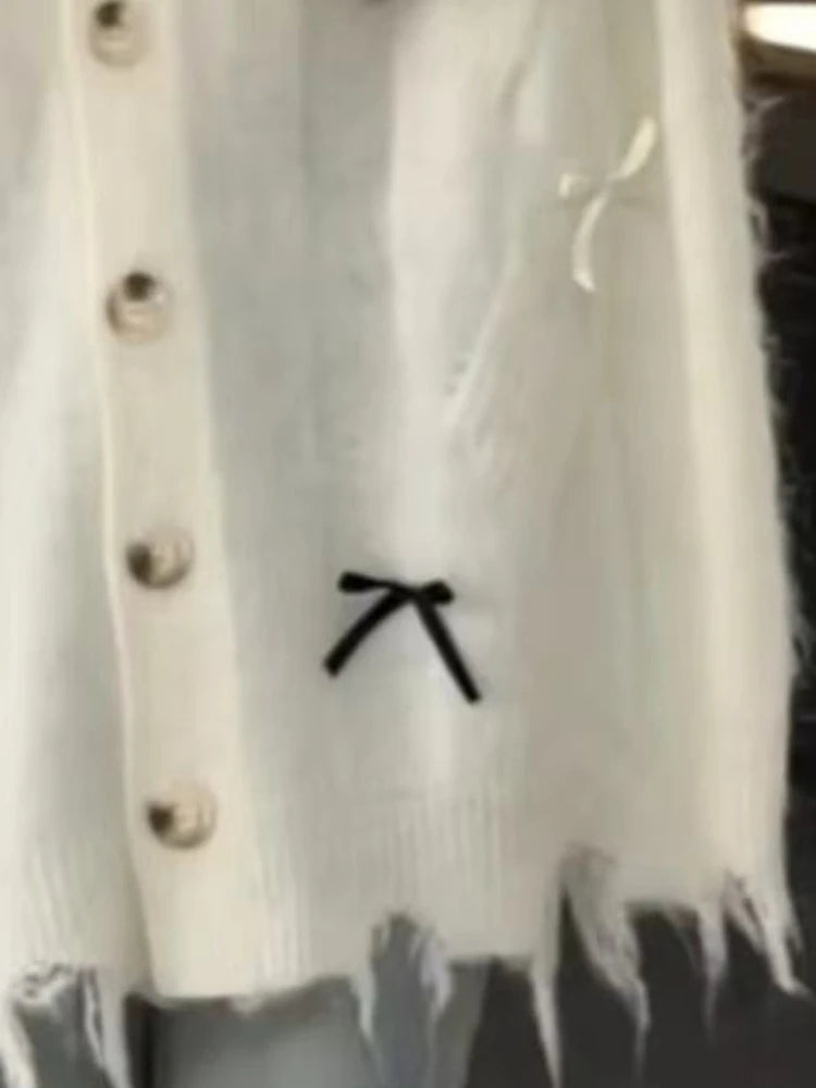 Loose Sweet Y2k Aesthetic Casual Cardigans Autumn Korean Fashion Bow Knitted Sweaters Hole Streetwear Women Grunge Coats 2025