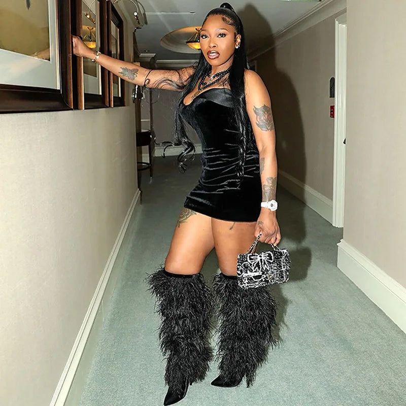 Velvet Off-shoulder Strapless Sexy Mini Dress For Women Robe Fashion Backless Sleeveless Club Party Dress Elegant