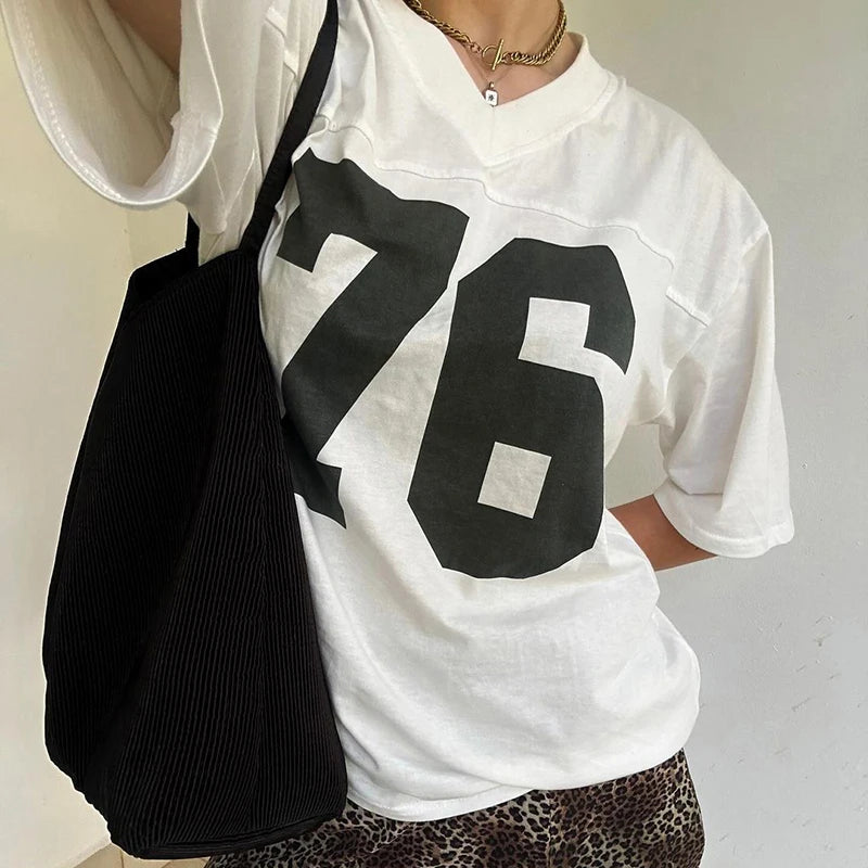 Casual Loose White Summer Women T-shirts Top Digital Printed Sporty Chic Harajuku Tee Shirts Preppy Style Pullovers