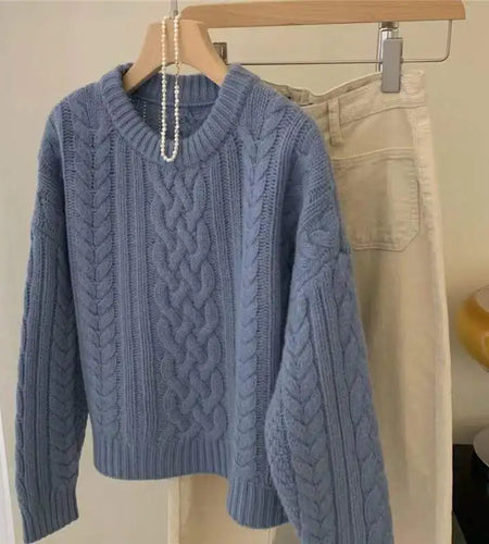 Autumn Winter Blue Elegant Crochet Short Sweater Women Korean Elegent O-neck Long Sleeve Fashion Festival Knit Pullover Tops New