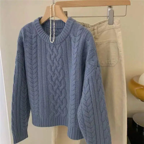 Load image into Gallery viewer, Autumn Winter Blue Elegant Crochet Short Sweater Women Korean Elegent O-neck Long Sleeve Fashion Festival Knit Pullover Tops New

