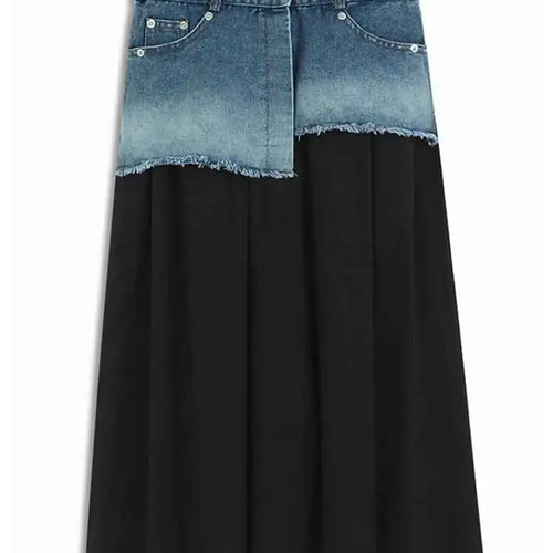 Load image into Gallery viewer, High Waist Khaki Denim Pleated Burr Color-block Midi Half-body Skirt Women Fashion Tide New Spring Autumn 2025 1DH5784
