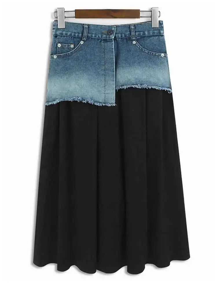 High Waist Khaki Denim Pleated Burr Color-block Midi Half-body Skirt Women Fashion Tide New Spring Autumn 2025 1DH5784