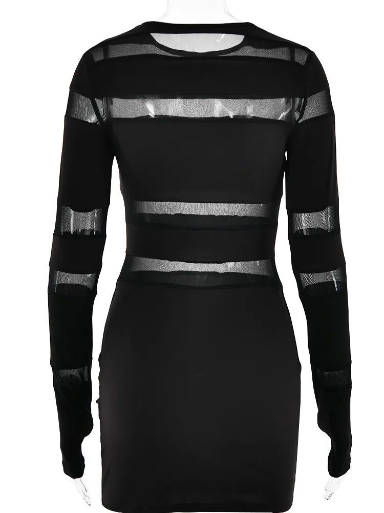 Spring New Long sleeved Mesh Patchwork Dress Women Tight Perspective Short Skirt Female Fashion Street Party Dress 2024
