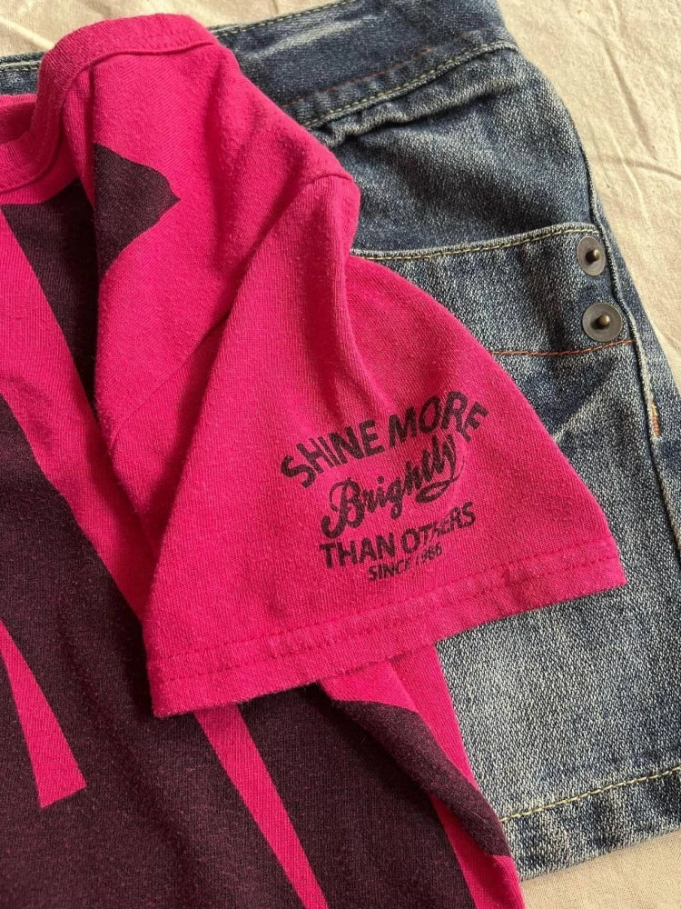 2025 Summer Letter Printing T-shirts Y2k Aesthetic Vintage Casual Fairy Cropped Tops Women Harajuku Grunge Bodycon Rose Red Tees