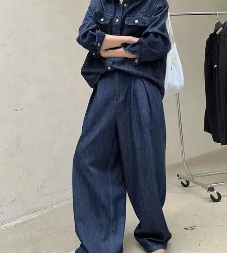 High Waist Wide Blue Denim Pleated Long Casual Leg Jeans New Women Trousers Fashion Tide Spring Autumn 2025 1DH8349