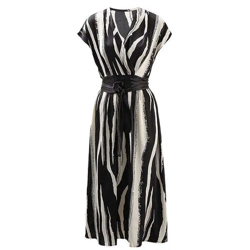 Load image into Gallery viewer, Women Beige Striped Printed Belted Elegant Midi Dress New V-Neck Sleeveless Fashion Tide Spring Summer 2025 CPG1504
