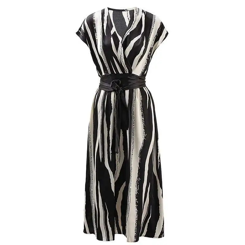 Women Beige Striped Printed Belted Elegant Midi Dress New V-Neck Sleeveless Fashion Tide Spring Summer 2025 CPG1504