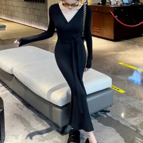 Load image into Gallery viewer, Vintgae Long Sleeve Midi Black Dress with Belt Autumn Bodycon Wrap Slim Sheath Sexy Retro Solid New Dresses Skinny
