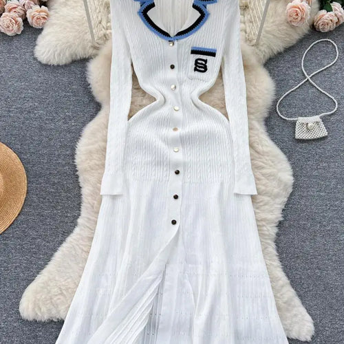 Load image into Gallery viewer, Women Elegant Patchwork Embroidery Knit Sweater Long Dress Autumn Winter Casual Fashion Slim Long Sleeve Button Dresses New 2023
