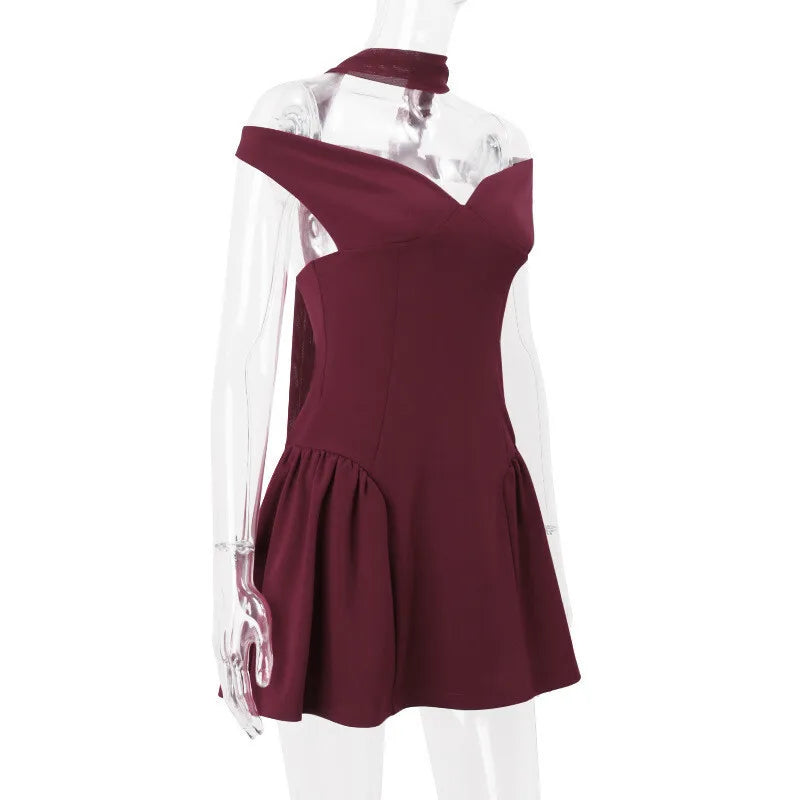 Off-shoulder Backless Sexy Mini Dress For Women Wine Red Sleeveless Strapless High Waist A-line Club Party Sexy Dress