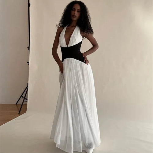 Load image into Gallery viewer, Halter Deep V Neck Backless Sexy Maxi Dress Women Gown Fashion Patchwork Sleeveless High Waist Club Party Long Dress
